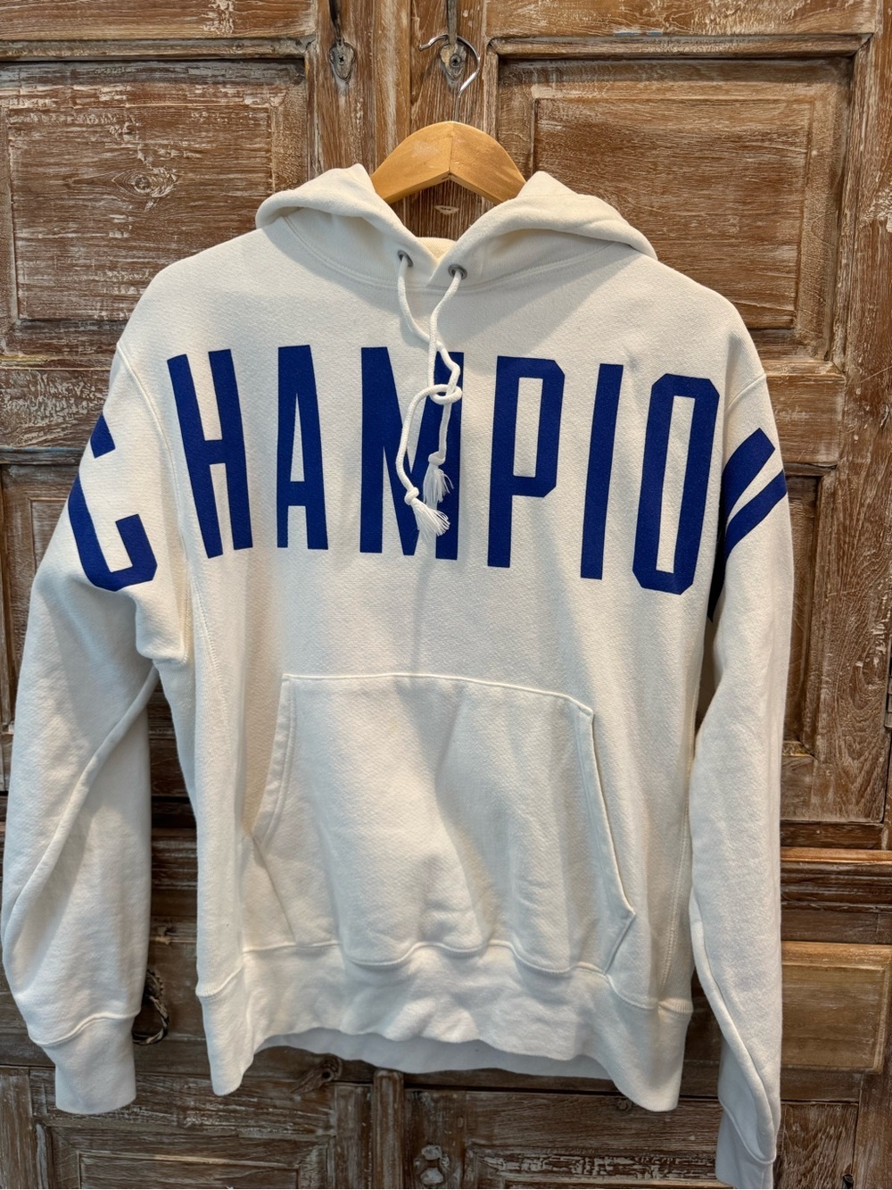 Champion White Hoodie with Blue Block Lettering